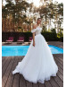 Beaded Ivory Lace Tulle Feather Wedding Dress